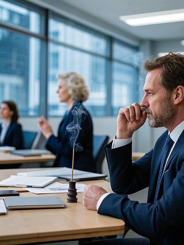 Enjoying the fragrance of the incense in office