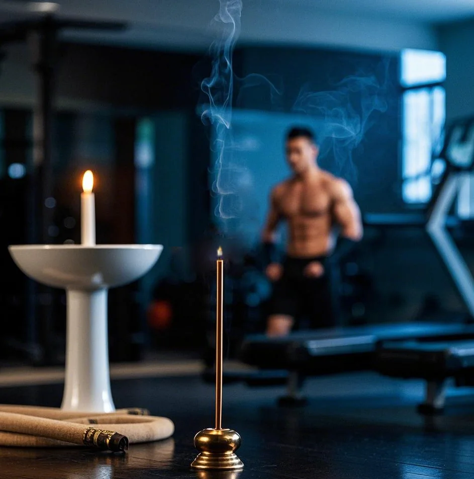 Enjoying the fragrance of the incense while exercising
