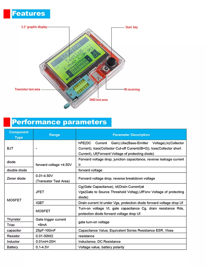 LCR-T10H Transistor Meter Multi-Function acitance Resistance Tester Large Screen Graphic Display Transistor Meter for Diode acitor Resistor Transistor