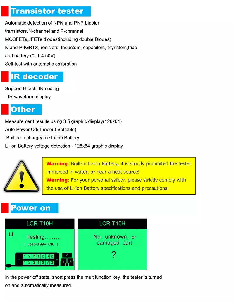LCR-T10H Transistor Meter Multi-Function acitance Resistance Tester Large Screen Graphic Display Transistor Meter for Diode acitor Resistor Transistor
