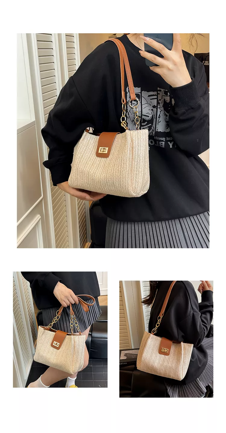 Popular Straw Woven Shoulder Bag with Buckle