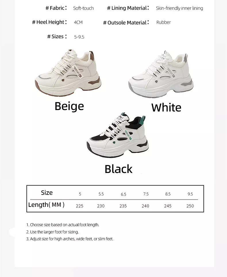 Women's Chunky Sneakers with Inner Height Increase and Thick Soles for Casual Wear