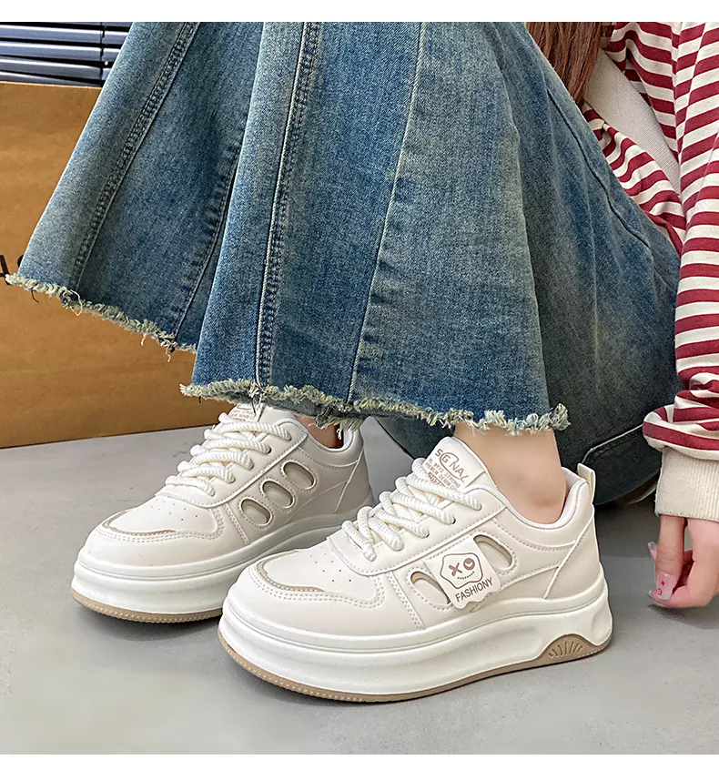 low-top white skate shoes, women's sporty casual 8519