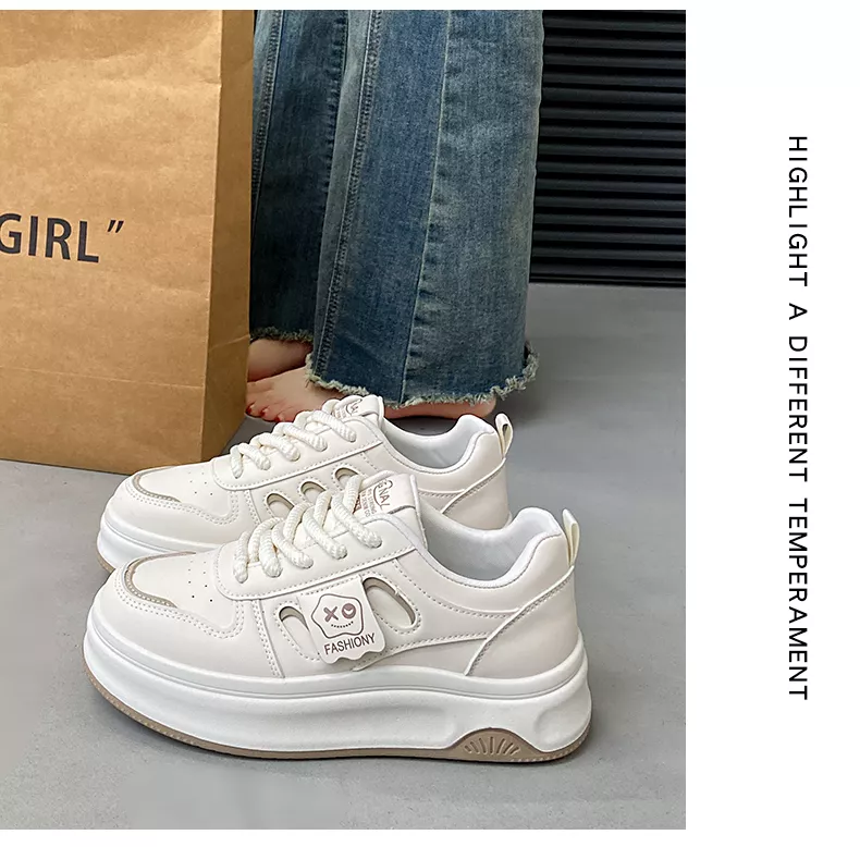 low-top white skate shoes, women's sporty casual 8519