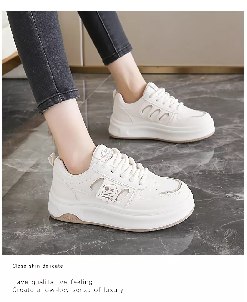 low-top white skate shoes, women's sporty casual 8519