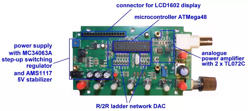 How to use FG-100 Function Generator 5 The PCB of the FG-100 contains three clearly distinguishable functional parts