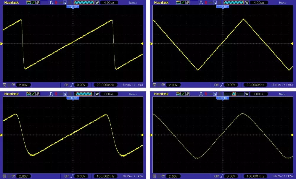 How to use FG-100 Function Generator 8 Sawtooth and triangle of 20 kHz (above) and 100 kHz (below).