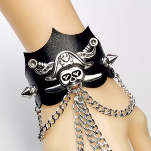 Rivet Leather Ring with Halloween Skull Bat Design