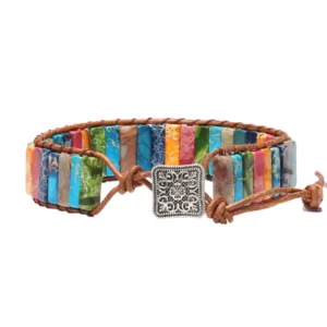 Ladies' Bohemian Bracelet, Retro-Style Imperial Stone Bracelet, Handmade Wire-Wrapped Leather Cord Bracelet